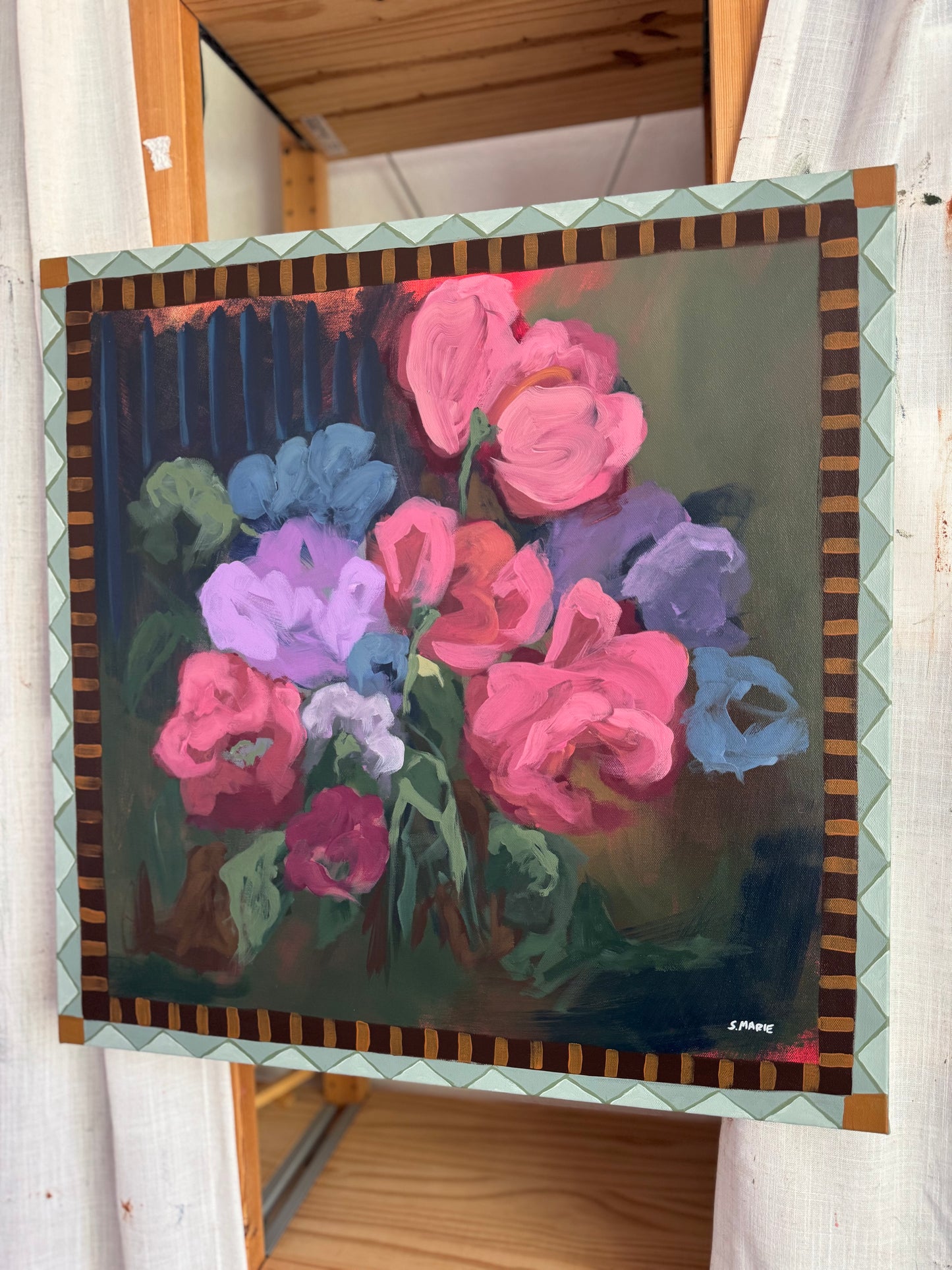 Green Tea and Stems Original Acrylic Floral Painting 24”x24”