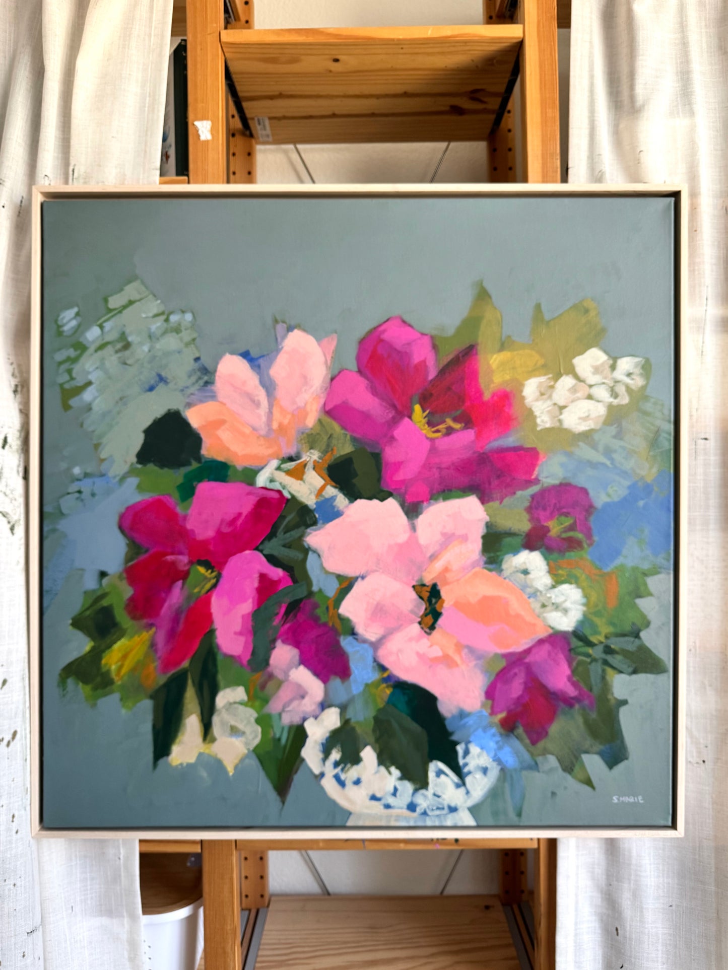 Velvet Blush Original Acrylic Floral Painting 30”x30” Framed