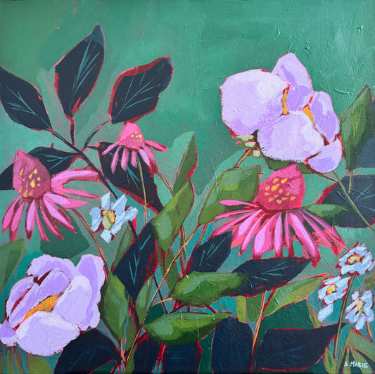 Between Sun and Shade Original Acrylic Floral Painting 20”x20”